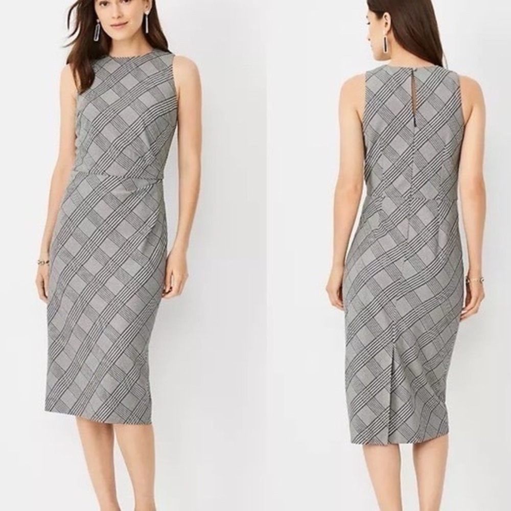 Ann Taylor Size 6 TALL Plaid Sleeveless Sheath Midi Dress Gray‎ Ruched TALL